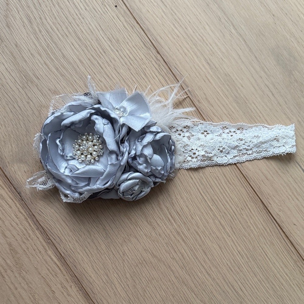 Elegant Silver and White Satin Floral, Lace and Feather Handmade Kids Headband